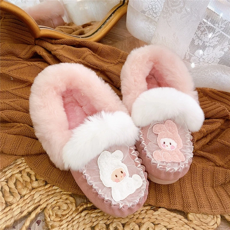 

Sweet Pink Genuine Leather Fur Loafers Women Round Toe Slip On Thicken Plush Warm Wiinter Shoes Ladies Cotton Flats Moccasins