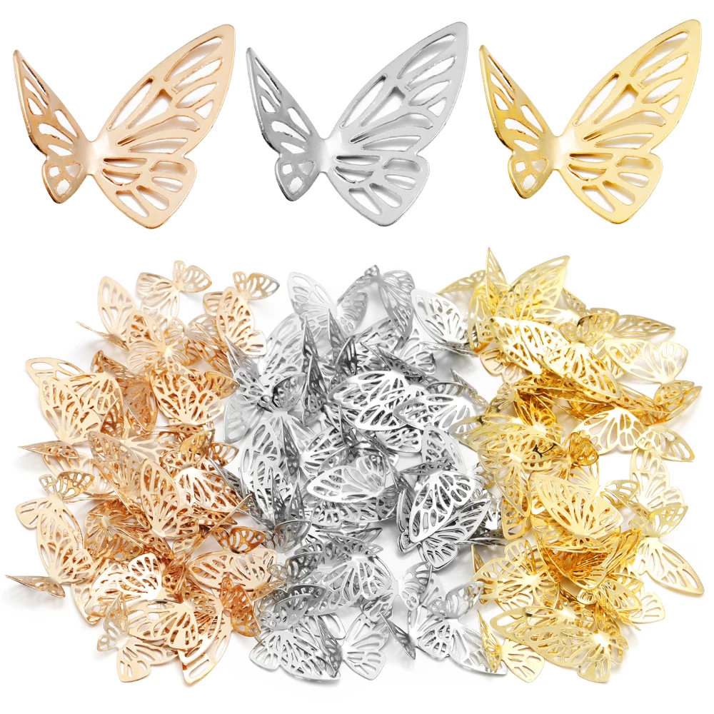 50 Stück/Lot 19x17mm 3D Hohle Metall-Schmetterlinge für Party, Hochzeit, Heimwanddekoration, DIY-Bastelzubehör