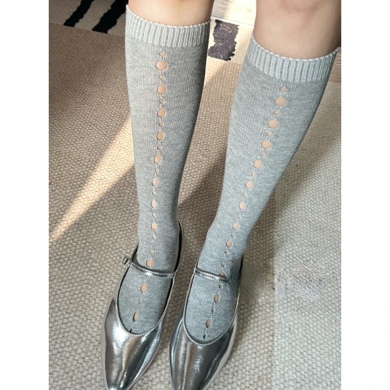 Spring and Summer Hollow Cotton Socks Vertical Stripes Calf Socks Female Niche Socks Long Tube Japanese Style All-Matching Cool