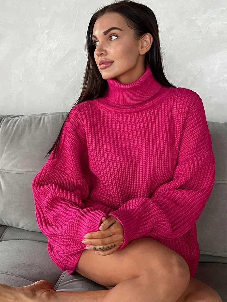 

Oversized Sweater for Pullovers Turtleneck Rose Red Winter Women's Knitted Top Warm Soft Girl Baggy жанчыны Швэдры