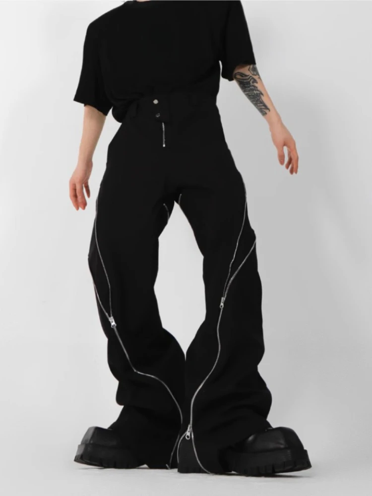 Mens Pants Harajuku Zipper Split Flared Suit Trousers Niche Design Draped Straight Wide Leg Casual Long Pants High Street New