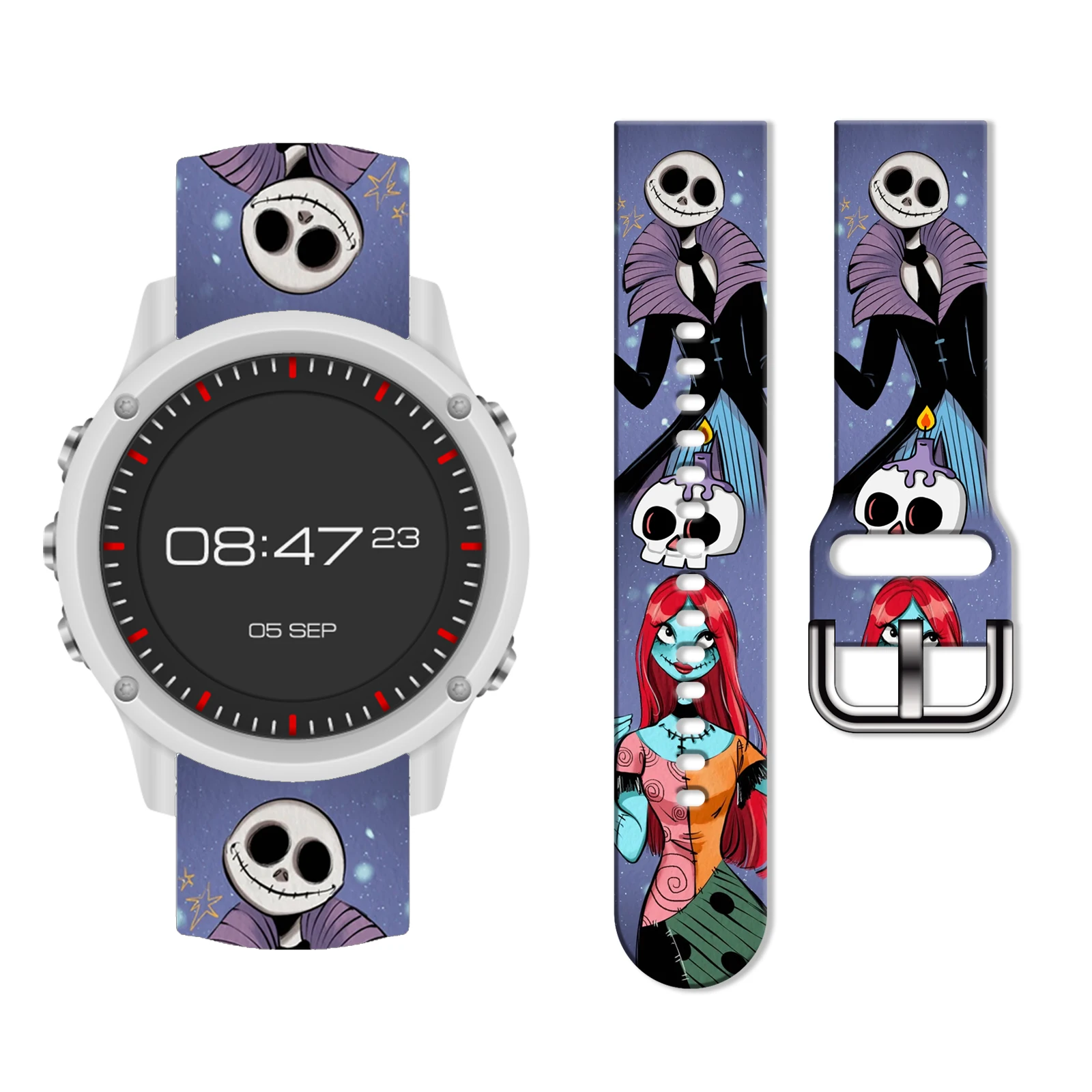 

Halloween Jack & Sally Series Print Strap for Samsung Galaxy Watch 7/6/5, 20mm Universal Band Fits 40/44mm Xiaomi Huawei Amazfit