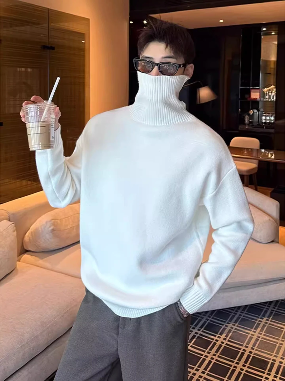 

Warm Fleece Lined High Collar Knitted Sweater Men's Winter Fashion Soft Cozy Fluffy Style Casual Comfortable Inner Wear Top
