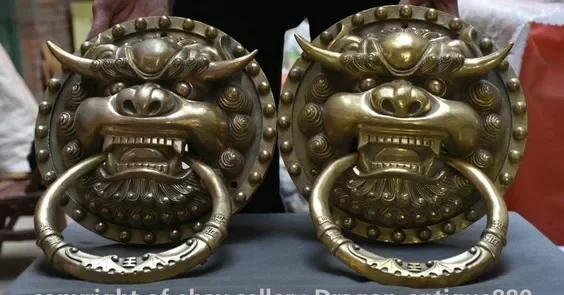 15 "الصينية النحاس فنغشوي الشر الحرس فو فو الكلب الأسد رئيس مطرقة الباب زوج #6