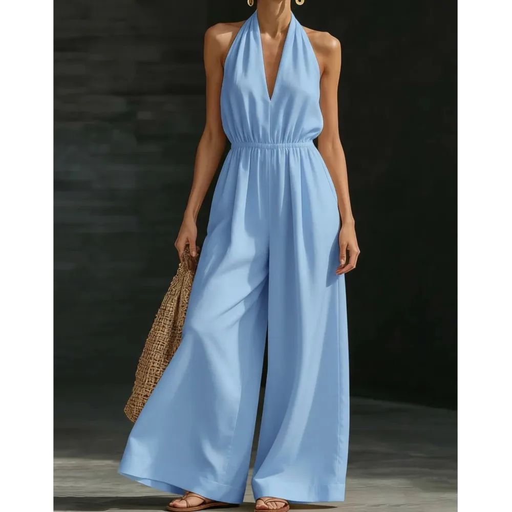 

Halter Neck Vest Jumpsuit Women's Fashion French Summer New Sexy V-neck Solid Color Casual Loose Jumpsuit Комбинезон Женский
