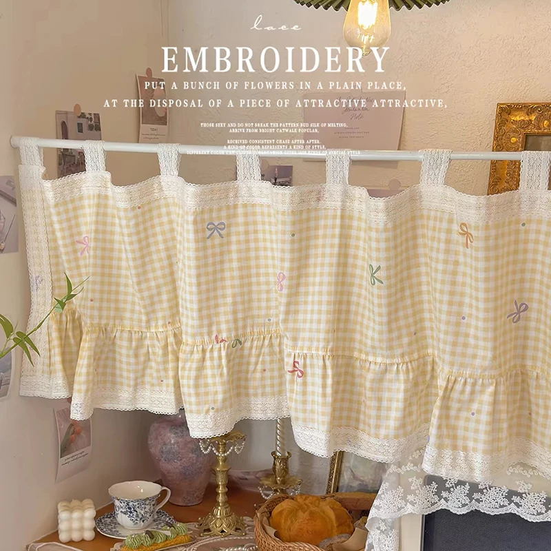 Korean Sweet Yellow Lace Short Curtains for Kitchen Tab Top Plaid Half Curtains Bow Window Valance Cotton Curtain #A694