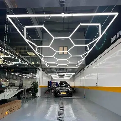 3*4M High CRI Hexagon Light with Frame for Car Showroom Garage Honeycomb Workshop Detailing Led Lights