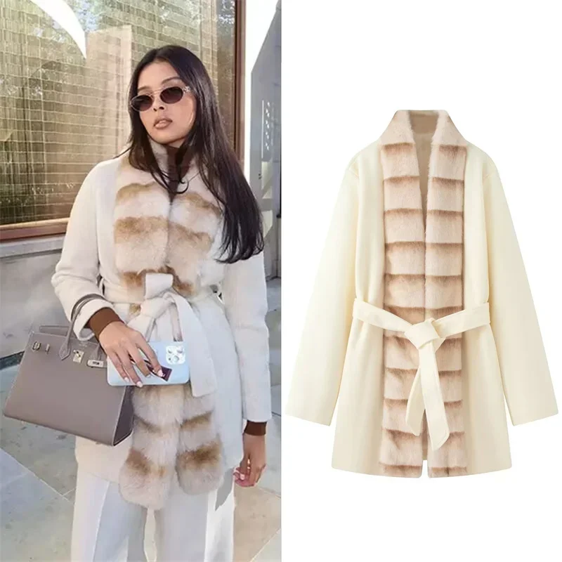 

Autumn Winter Lady Outwear Fashion Lace Up Faux Fur Women Coat Urban V-neck Full Sleeves Fluffy Open Stitch Female Coats