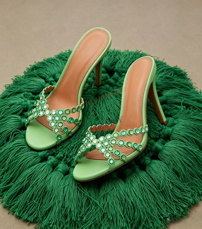 Striking Crystal Embellished Leather Sandals Straps Strappy Upper Stiletto Heels Women High Heels Pump Open Toe Girl Party Shoes