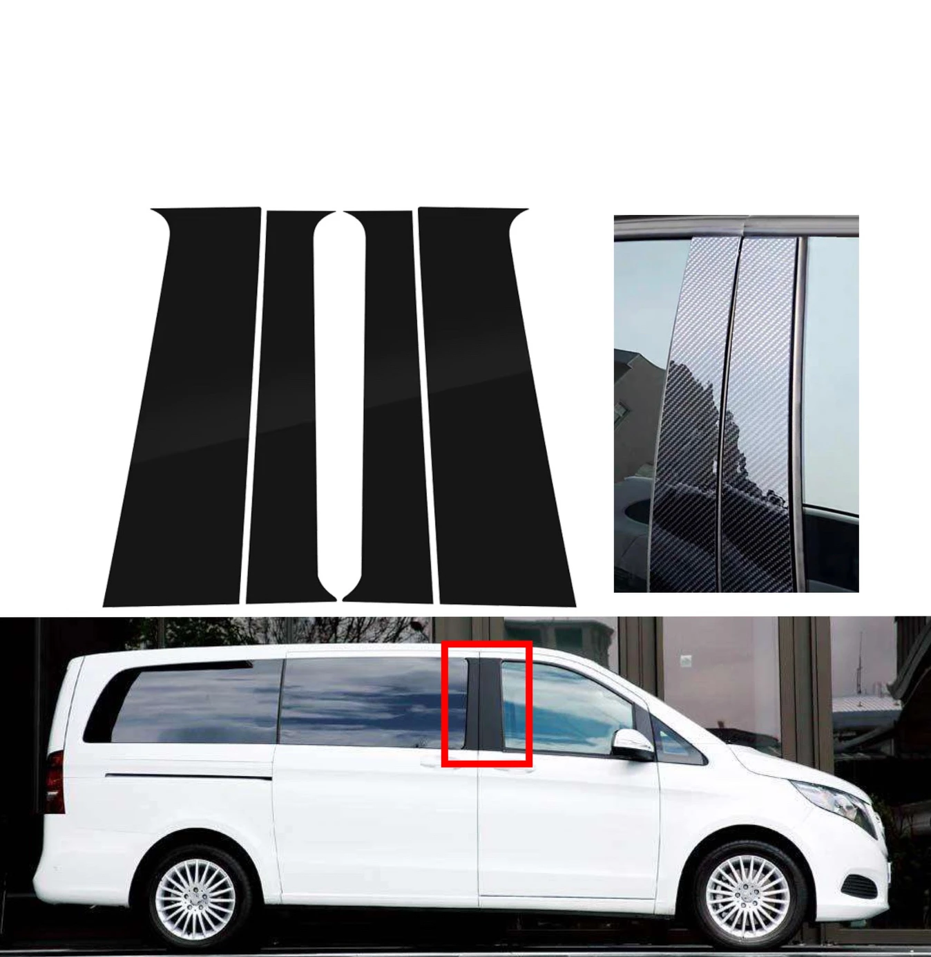 Fit For Mercedes-Benz V-Class Marco Polo Metris 2015-2021 Silvery Carbon Gloss Black Window Pillar Posts Door Cover Trim