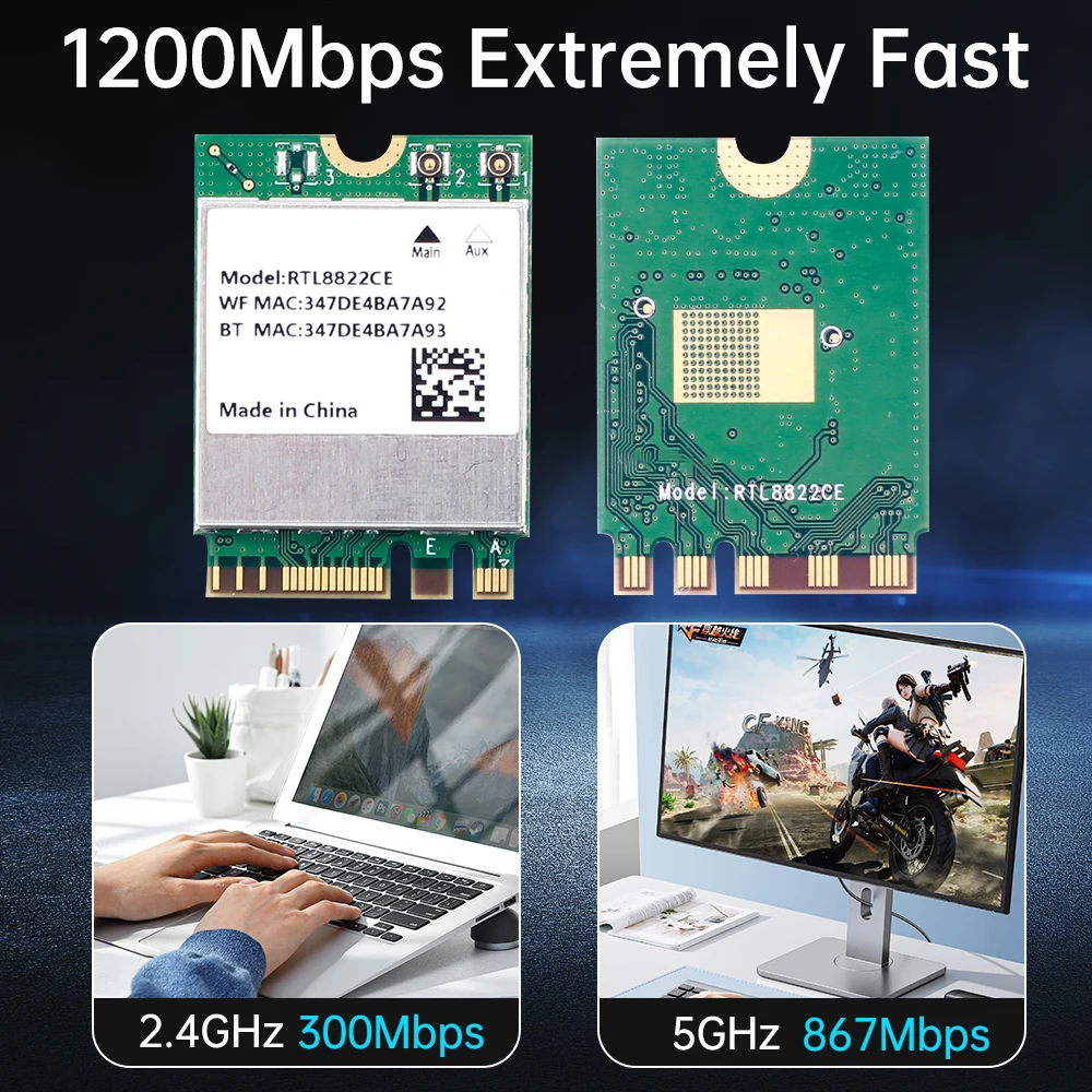 fenvi 1200Mbps RTL8822CE WiFi 5 Card  Bluetooth 5.1 Dual Band 2.4G/5GHz M.2 Network Wireless Adapter for Windows 10/11