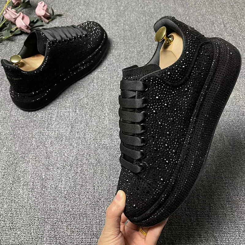 mens casual punk rock dress rivets shoes lace-up rhinestone shoe black stylish platform sneakers youth genuine leather footwear