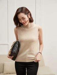 ADDONEE 100% Cashmere Women Summer Vest Mock Neck Thin Casual Sleeveless Pullover Office Lady Baisc Grace Cashmere Sweater Tops