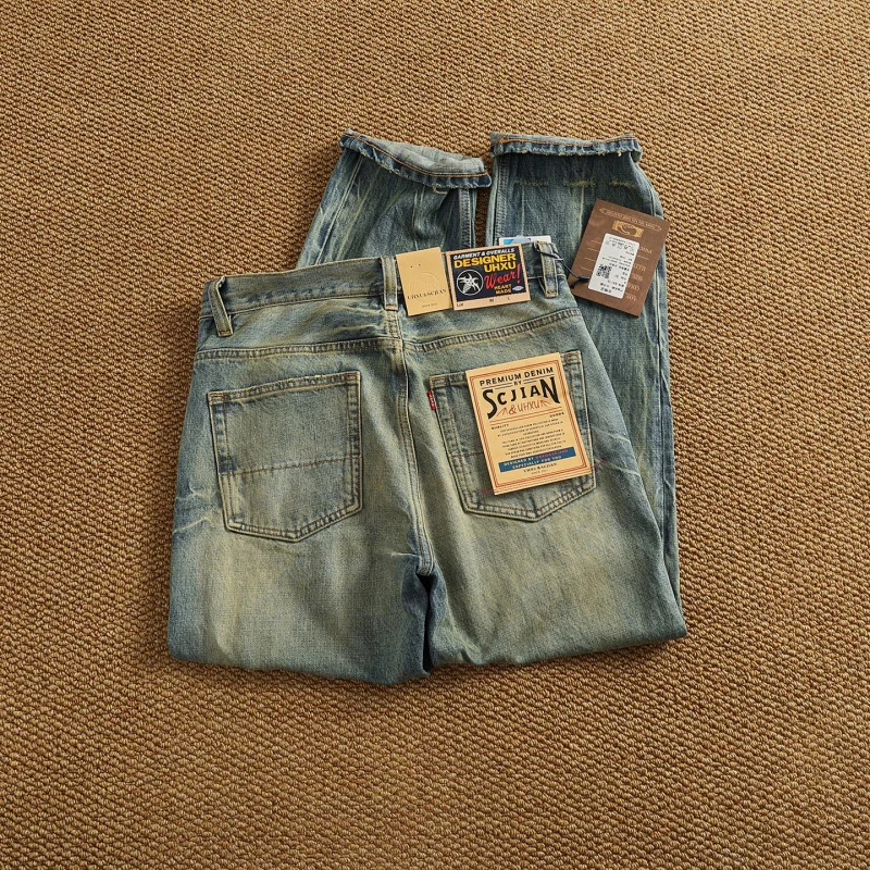 

2026 New High-End Heavyweight Jeans Men Japanese Retro Washed Distressed Destroyed Patchwork Slim Tapered Denim Pants