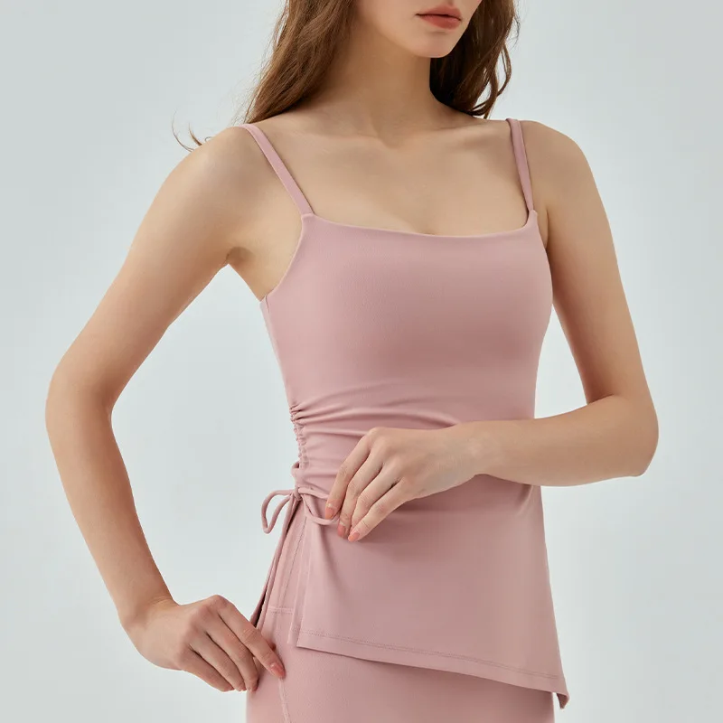 

Women's Slim Fit Pleated Yoga Vest Seamless Sports Sling with Fixed Chest Pad Comfortable All-match Fitness Top Beautiful Back