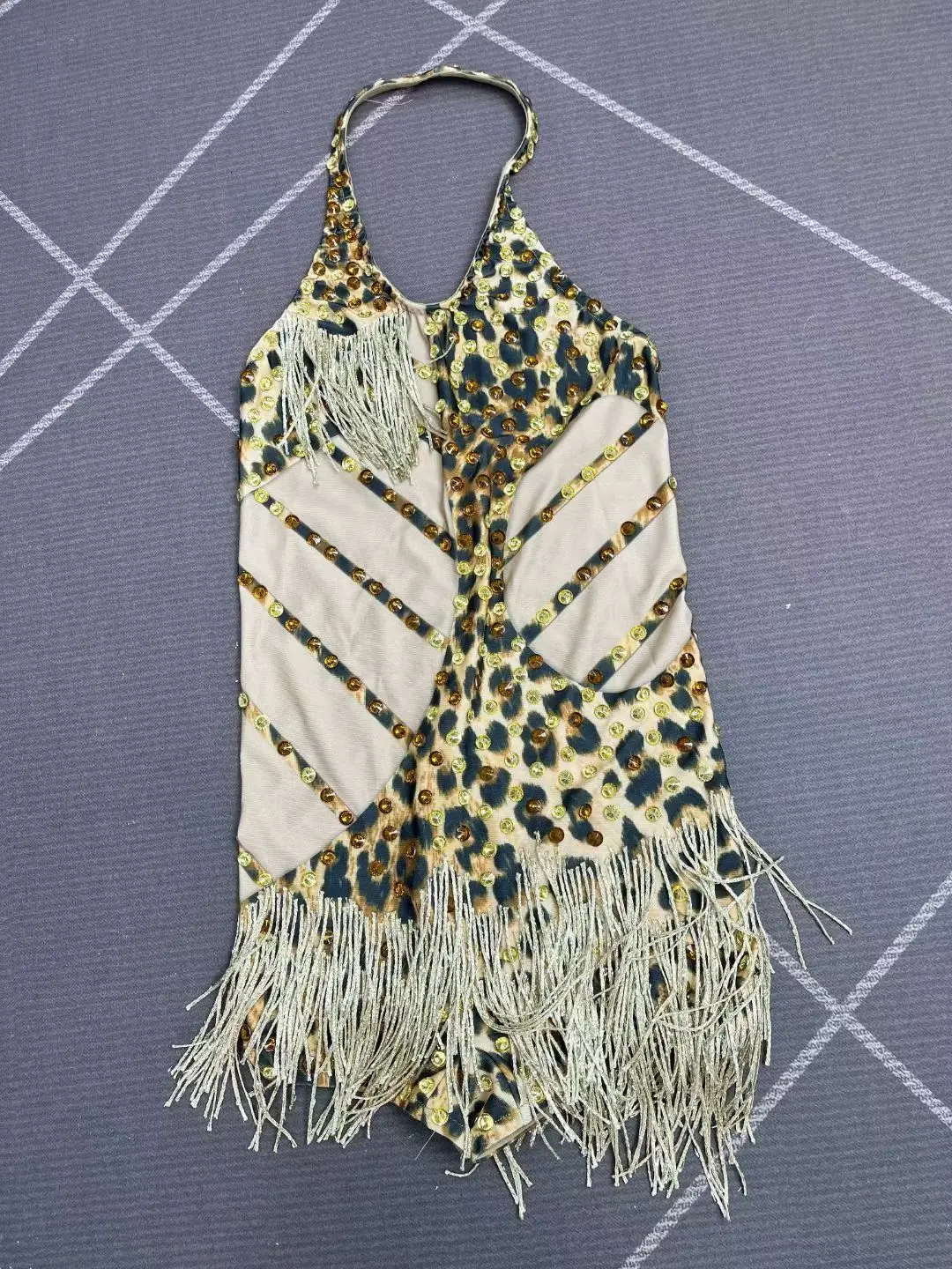 Liusubao 2025 Women Sexy halter Leopard Bodysuit Singer Dancer Performance Stage Costume Backless Tassel Nightclub Outfit