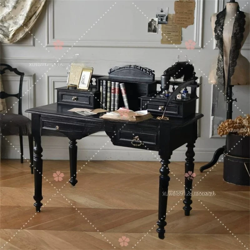 French solid wood carving flower dressing table, retro black dressing table