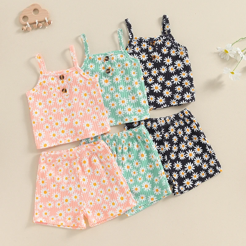 Baby Clothing Girls Summer 2 Piece Outfits Daisy Print Tank Top Elastic Shorts Set Cute Children Clothes