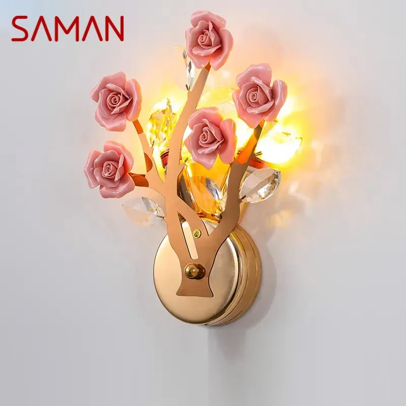 SAMAN Contemporary Crystal Wall lamp Creativity Ceramics Rose Blossoms Living Room Bedroom Girl's room Villa LED Bedside Light