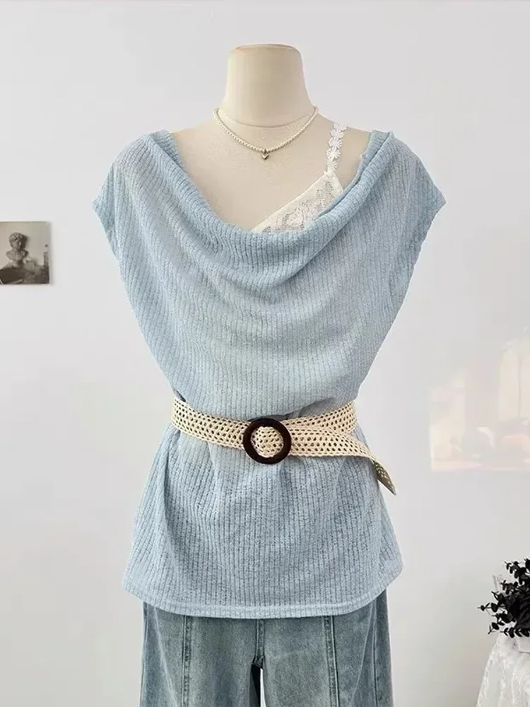Womens Beige Ribbed Knit Off Shoulder Top Cowl Neck Belted Slim Fit Casual Summer Blouse