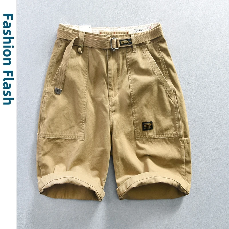 Men's Knee Length Cotton Cargo Shorts, Casual Streetwear, Loose Short Pants, Monochromatic, Khaki, Green, Summer Clothes