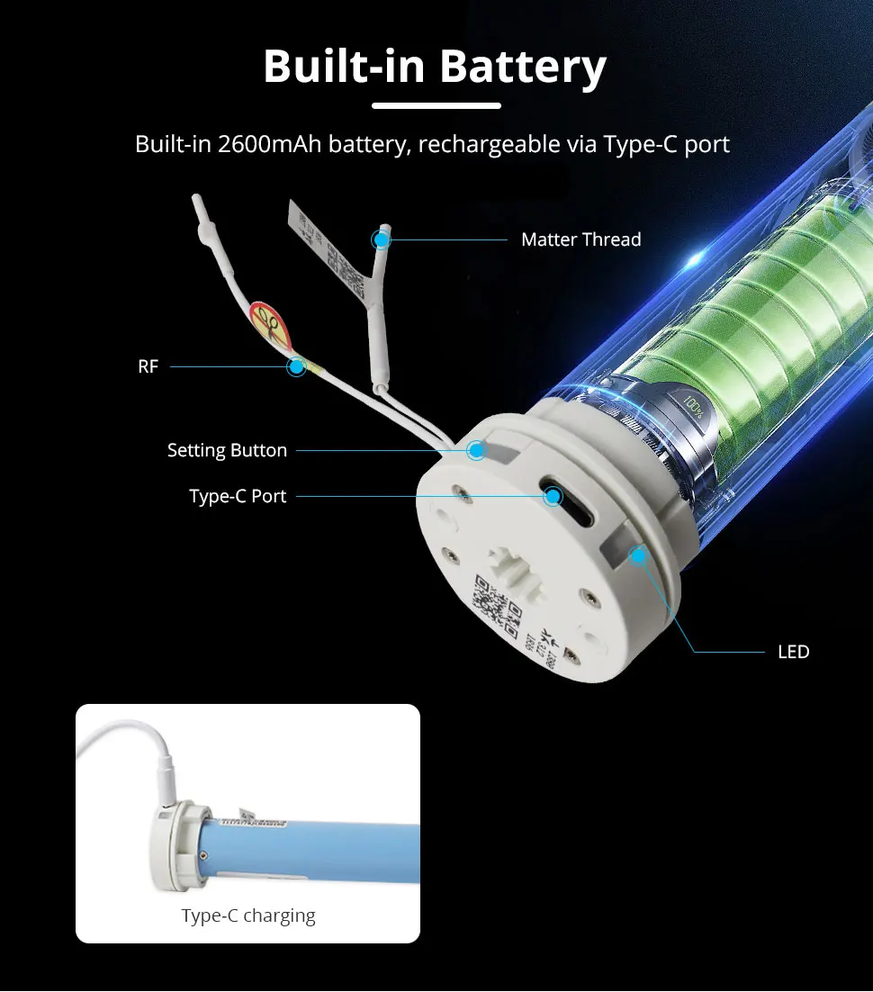 Zemismart Matter Over Thread Smart wiederaufladbarer Rollo-Motor für 38-mm-Rohr Google Home App Smartthings App-Steuerung – Detail 10