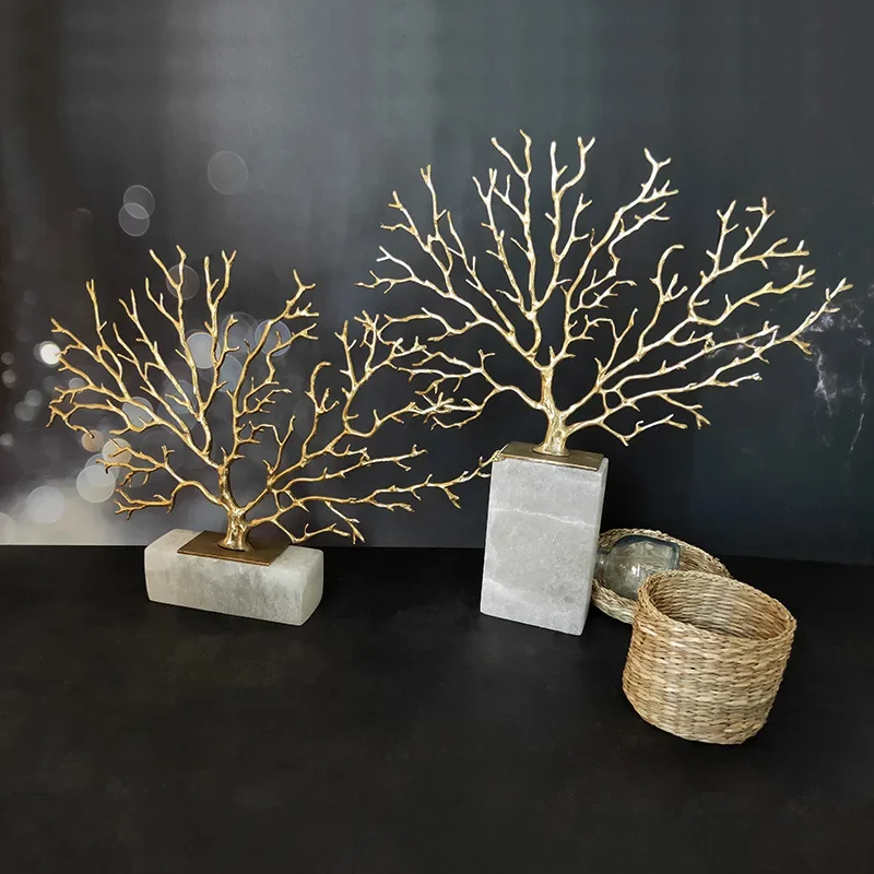 Brass Sculpture Artificial Coral Tree Marble Base Hollow Gold Tree Metal Decorative Figurines Home Decoration Accessories