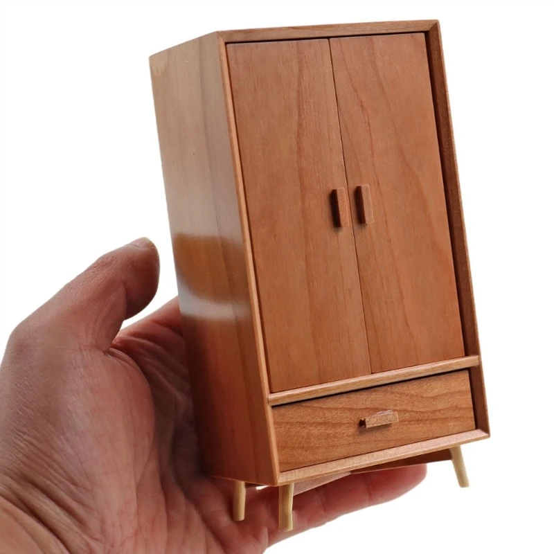 Puppenhausmöbel Maßstab 1:12, Miniatur-Kleiderschrank aus Holz mit Doppeltüren und funktionaler Schublade für eine Szene A2UB – Detail 5