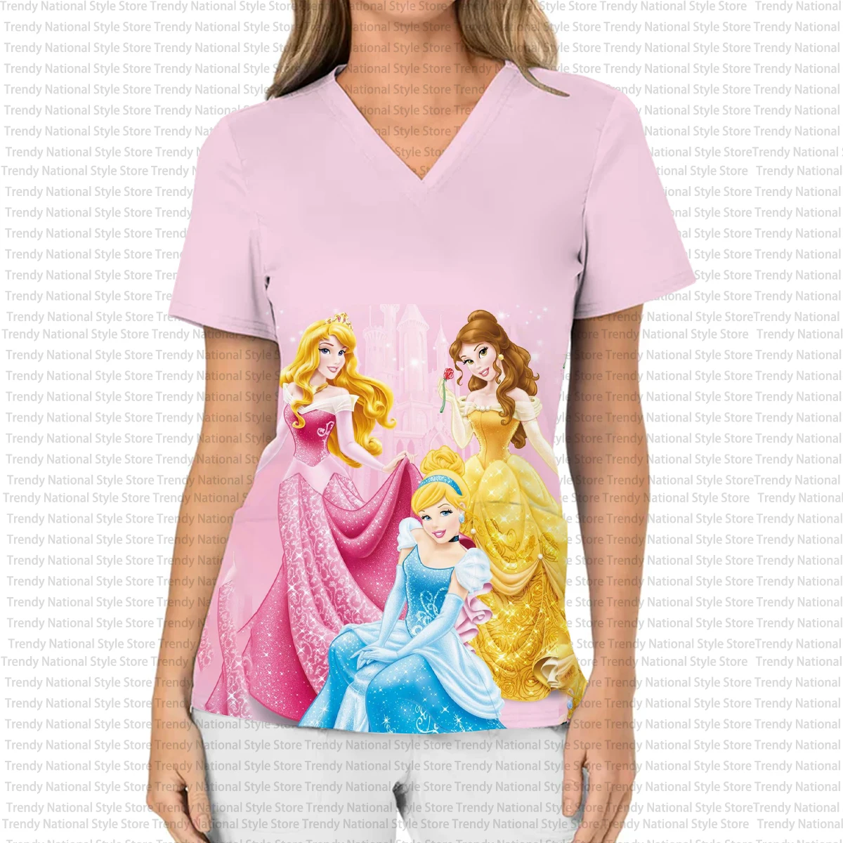 Summer Commuter Outfit Disney Princess Print Women's Nursing Gown V-neck Pocket Frosted Top Hospital Nurse and Caregiver T-shirt