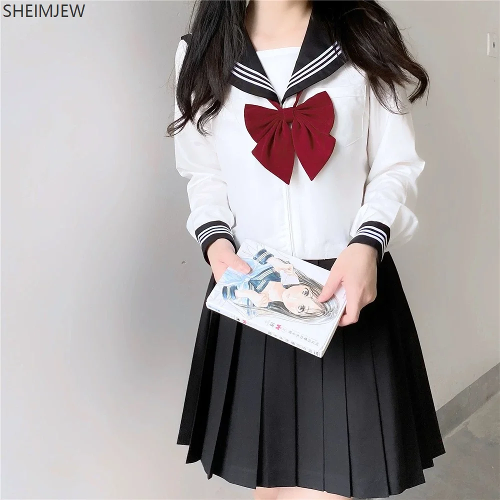 Japanese School Uniform Cute Girl Jk Suit Black Collar White Three-piece Suit Campus Sailor Suit Bow Long-sleeved Suit Uniform