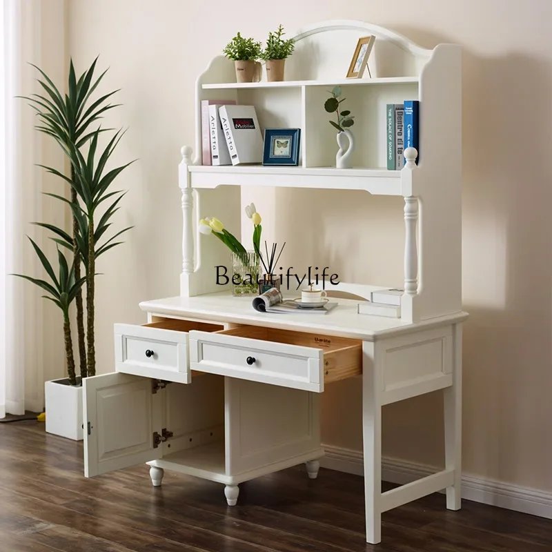 

American rural Mediterranean pastoral Korean all solid wood white cream style desk bookshelf combination