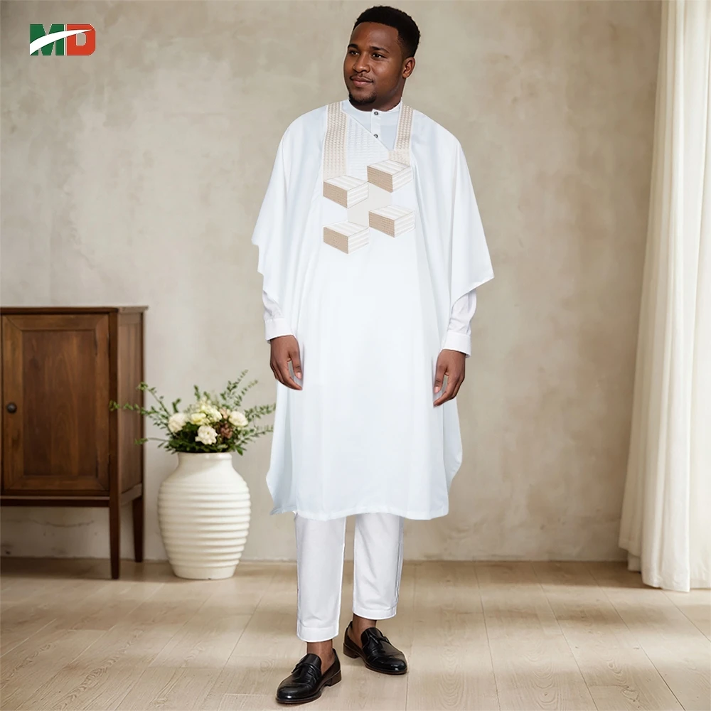 

MD African Clothes Plus Size For Men Elegant Church Dress Party Wedding 3 PC Top and Pants Suits Set Daily Wear Embroidery Gown