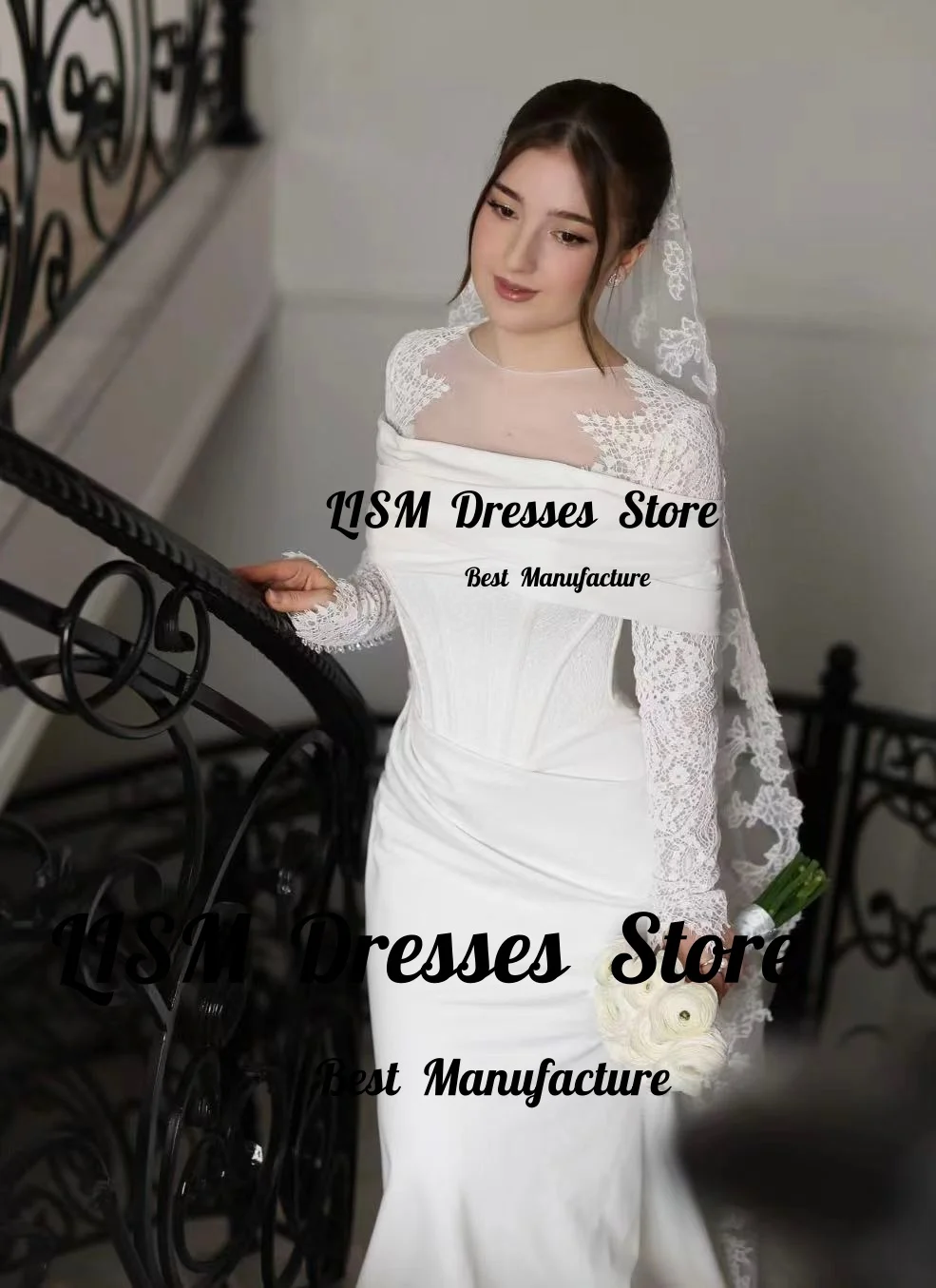 Lism Customized Modest Wedding Dress with Veil Lace Full Sleeves Lomng Train Mermaid Muslim Bridal Gown Vestido De Novia 2026