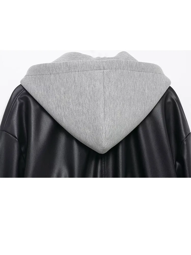 

HH женский осенний новый комплект из двух предметов с капюшоном, наклонный карман на молнии, кожаный эффект, регулируемый подол, короткая куртка с капюшоном