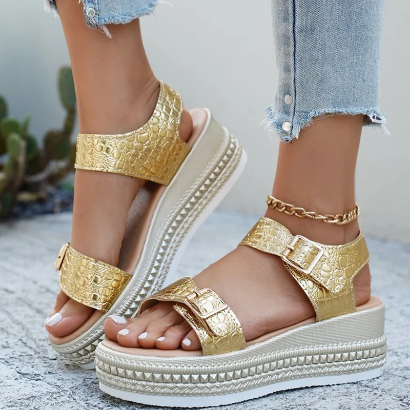 

Luxury Gold Elegant Women's Shoes Summer Thick Sole Double Strap Wedges Shoes for Woman Plus Size 43 Party Beach Shoes Ladies