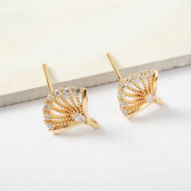 Color Retention Real Gold Plated Copper New Shell Shape With Ring Stud Earrings DIY Jewelry Making Findings Accessories