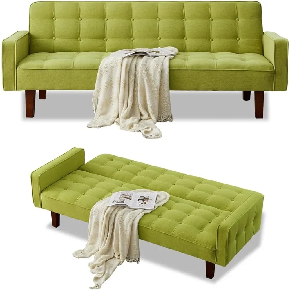 Convertible Futon Sofa Bed, Modern Tufted Loveseat Sofa Sleeper, Linen 3 Seater Couch for Living Room, Bedroom, Apartment, Green