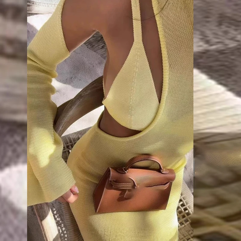 Kobiety Seksowna Żółta Dzianinowa Sukienka Plażowa Moda Nieregularna Sukienka Bodycon Maxi 2025 Letnie Szlafroki Hollow Out Cover UP