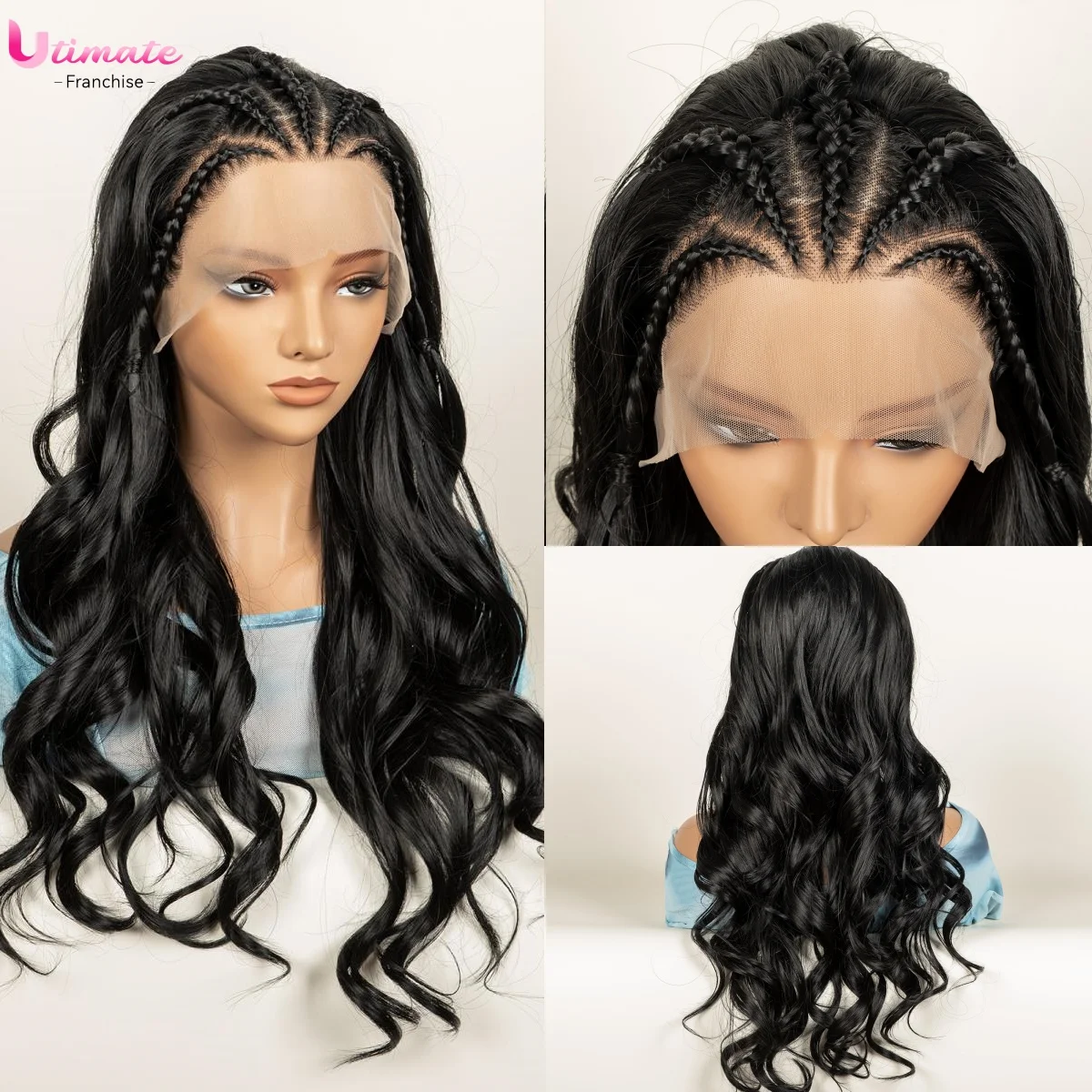 Full Lace Knotless Wig Synthetic Braided Wig Cornrow Braided Body Wave Fiber Wig 26inch For Black Women