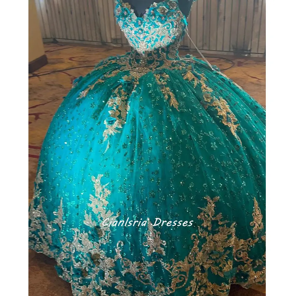 헌터 그린 반짝 이는 크리스탈 Sequined Quinceanera 드레스 골드 아플리케와 볼 가운 달콤한 15 여자 파티에 대한 레이스 코르셋