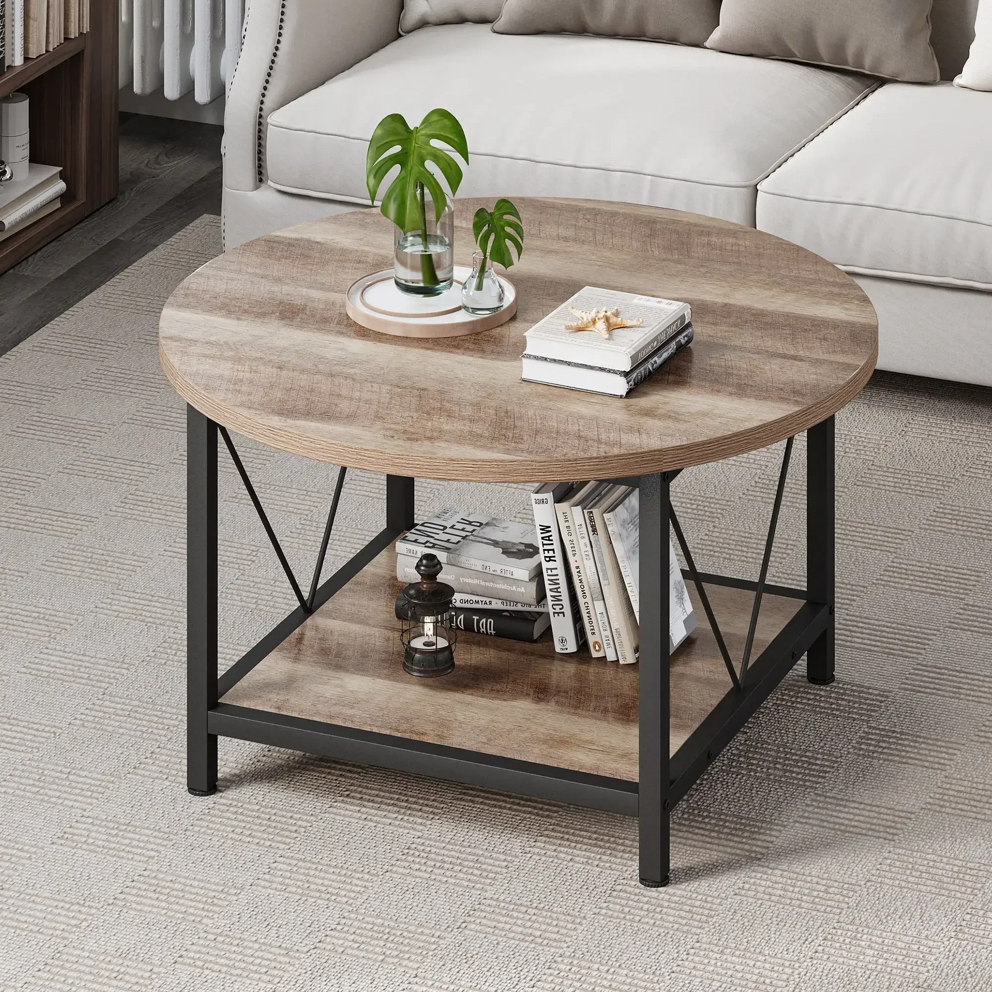 Round Coffee Table with Storage, Rustic Living Room Tables with Sturdy Metal Legs, OAK