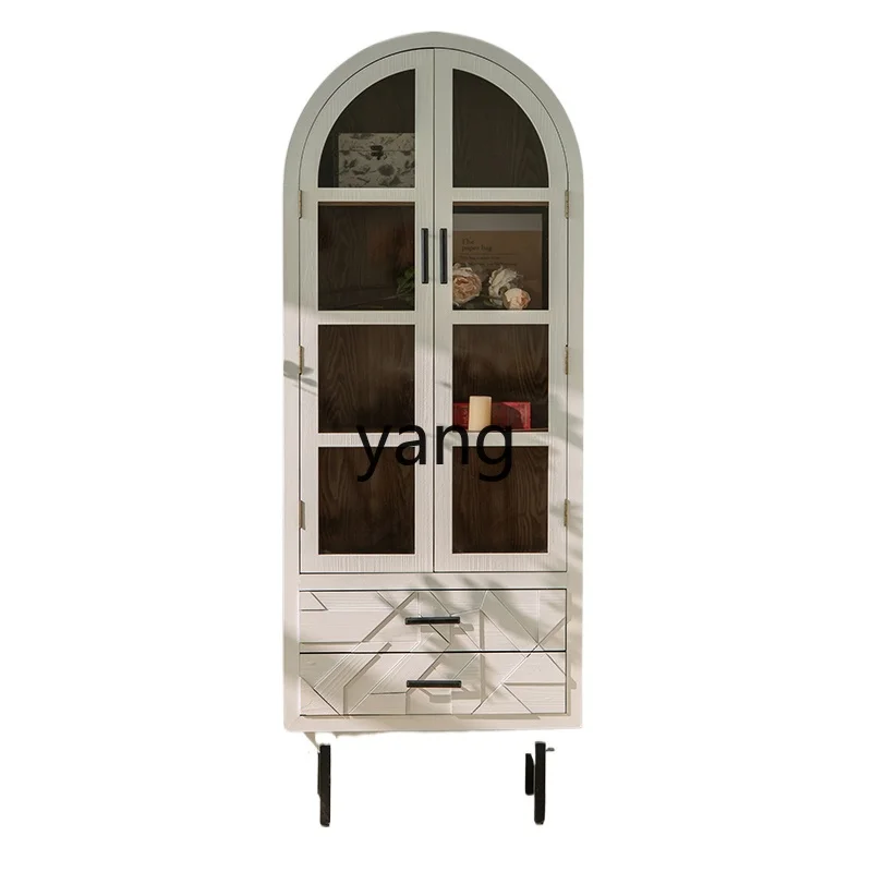 

ZL arched white bookcase with glass door solid wood retro bookshelf floor to ceiling against the wall