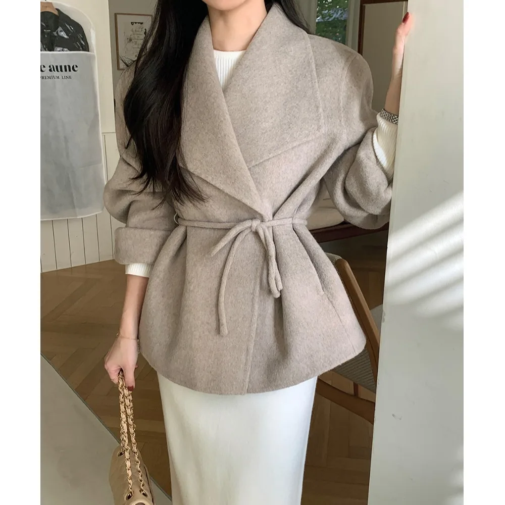 

Ele ort Woolen Coat for Women Dongda Gate Autumn Winter New Sle Retro High-End Feelings Belted Small Size Top