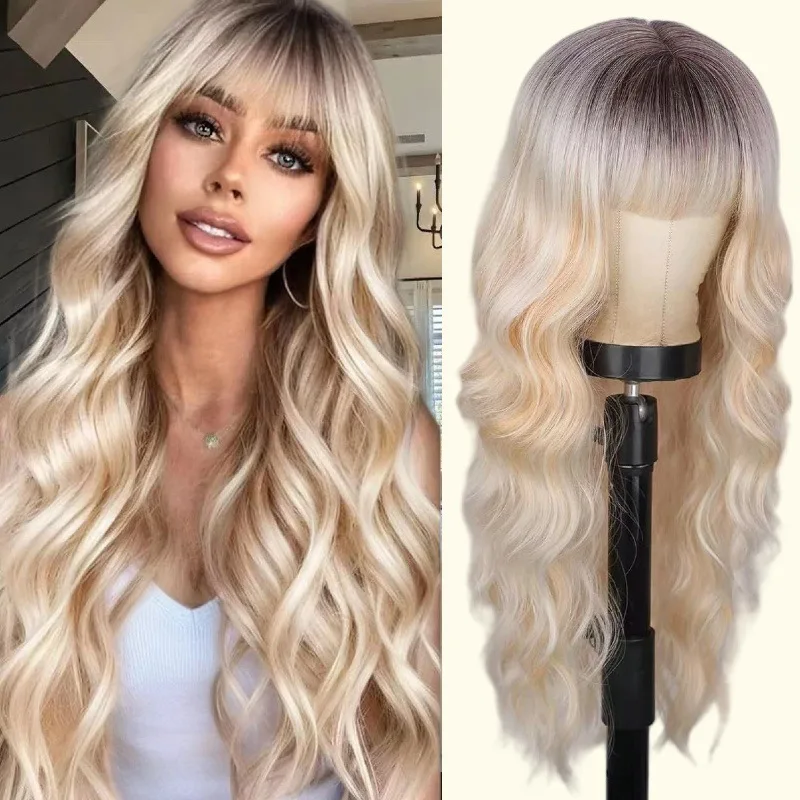 

New full headgear long hair Qi bangs platinum gradual change temperament long curly hair European and American style wig woman