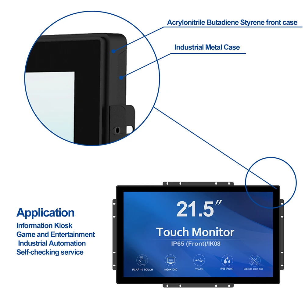 GreenTouch 21.5 Inch 10 Points Industrial Wall Embedded Mount Lcd Display General Touch Open Frame Touch Screen Monitor