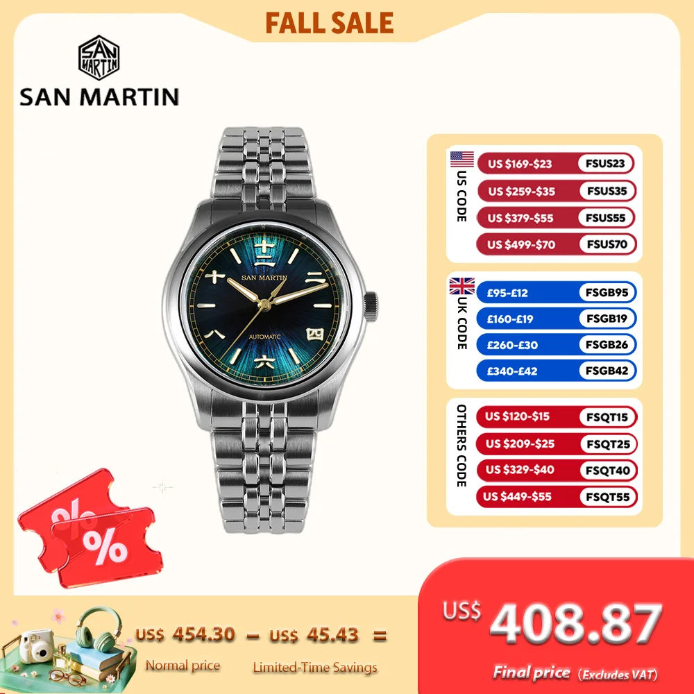 San Martin 39Mm Smalto Sunray Jianzhan Quadrante Uomo Gada Orologio 90S5 Automatico BGW-X1 10Bar Zaffiro 5-Link Bracciale SN0144CG-image