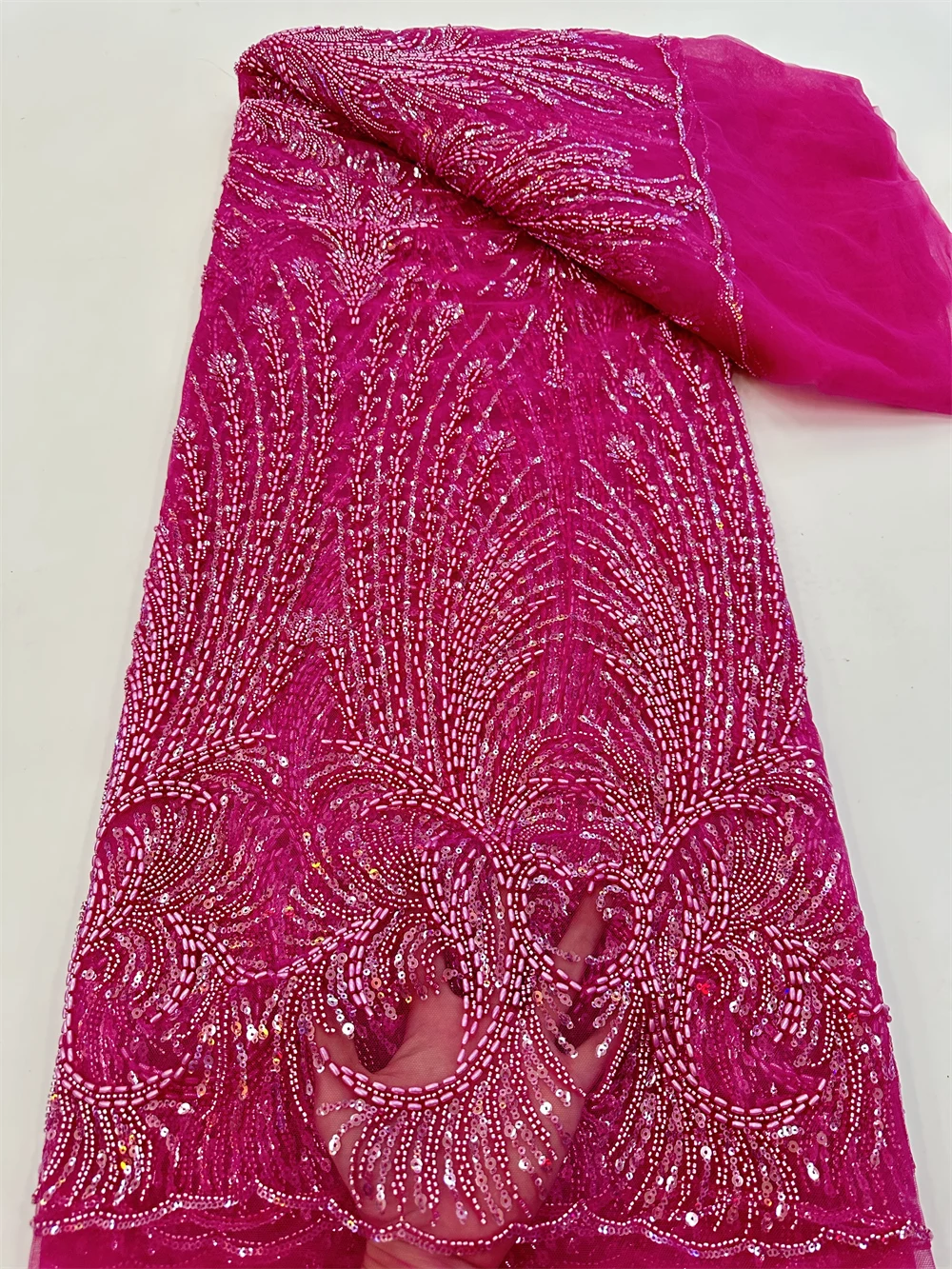 

African Sequins Beaded Lace Fabric 2024 High Quality Sequence Embroidery French Nigerian Lace Fabric For Wedding Dress QF0958
