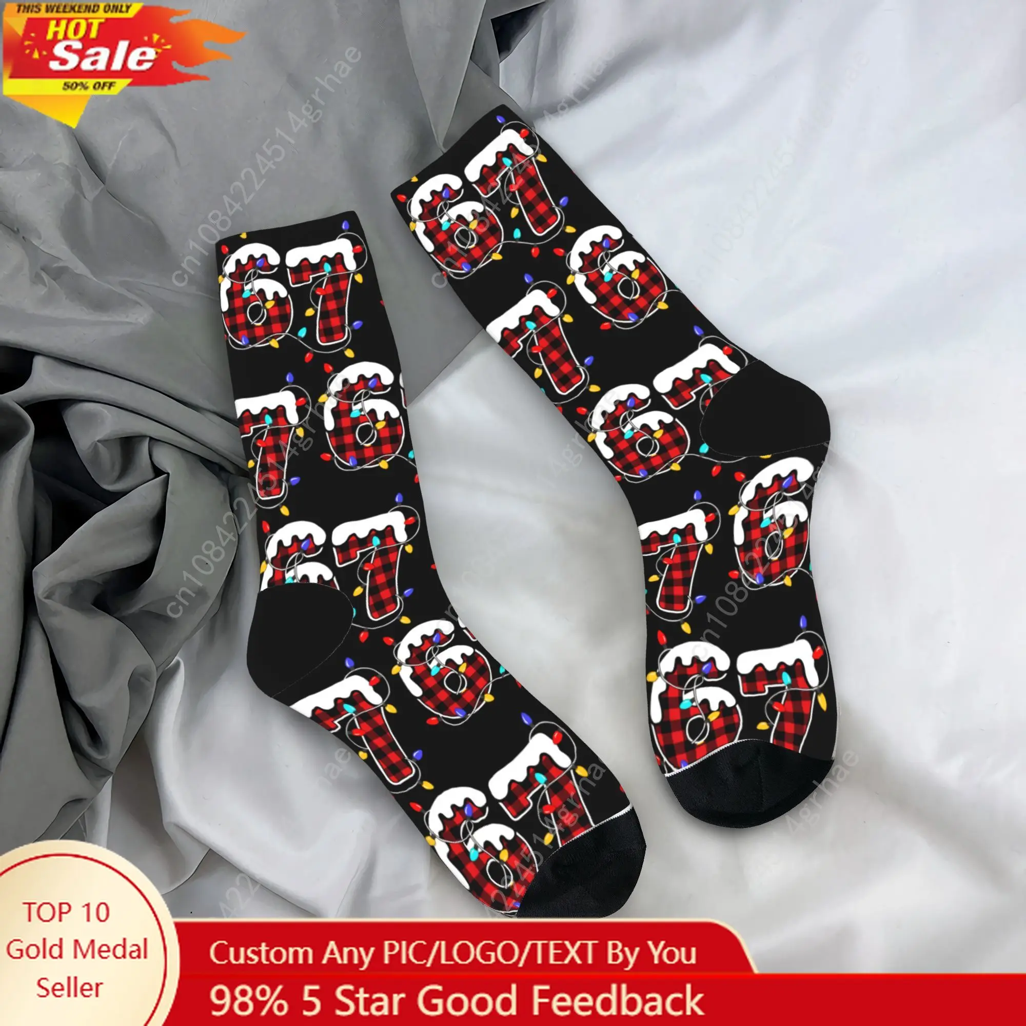 

Red Buffalo Plaid Six Seven Meme 67 Christmas Lights Stockings Graphic Funny Socks Autumn Socks Unisex Men Breathable Socks