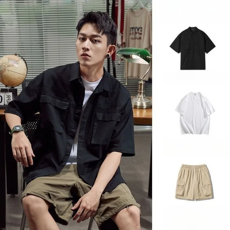 Men's 100% Cotton Short Sleeve Shirt 3 Piece Set Plus Size Loose Fit Casual Summer New Arrival Streetwear Style Young Men's Pack