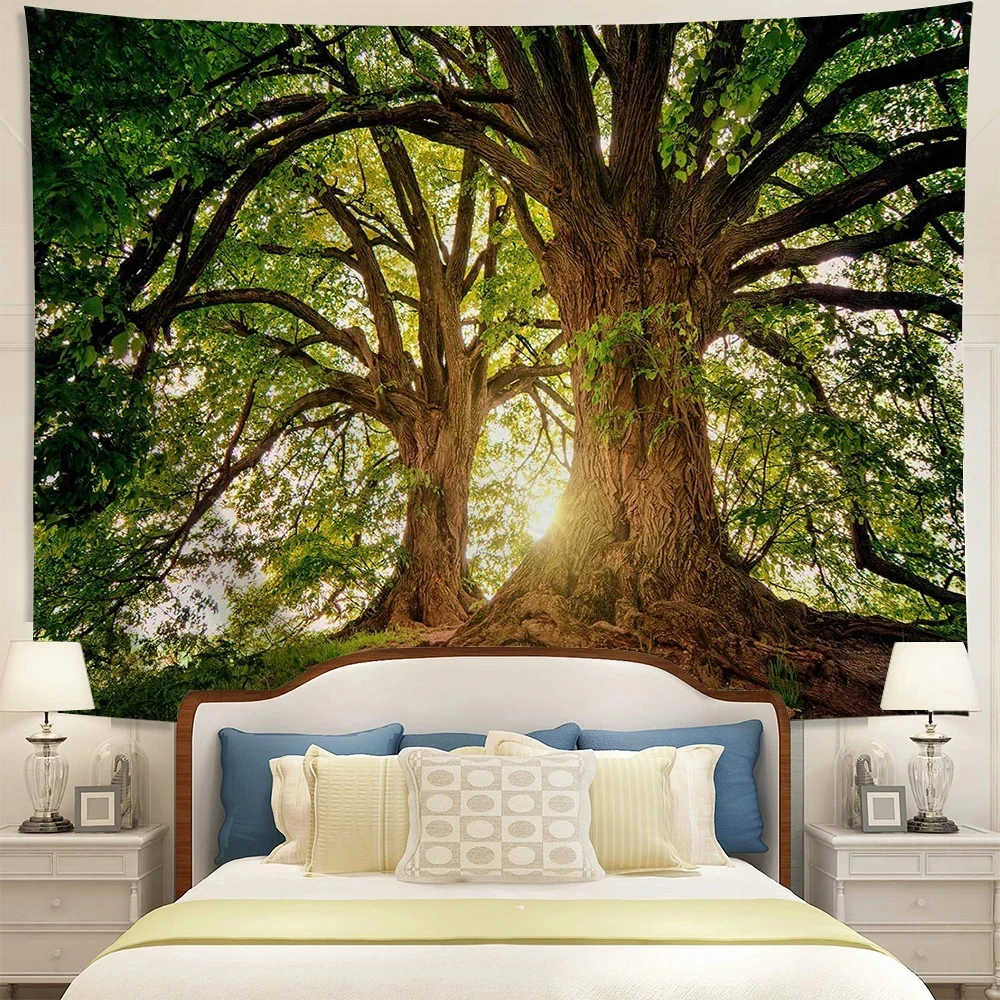 Forest Tapestry Sunlight Trees Tapestry Green Nature Landscape Scenery Wall Hanging Tapestries for Bedroom Living Room Decor